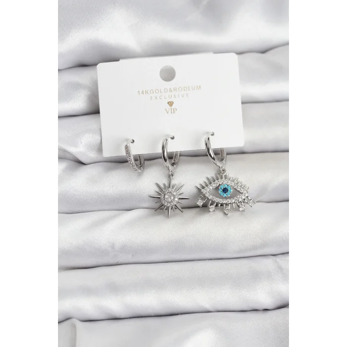 Göz Model Gümüş Renk Pirinç 3lü Kadın Küpe Seti