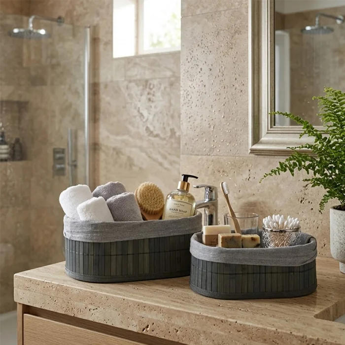 GRİ 2 BOY OVAL BAMBU KENAR ORGANİZER SEPET AHŞAP ALTLIK - BEZLİ 21X14-25X16CM (5047)