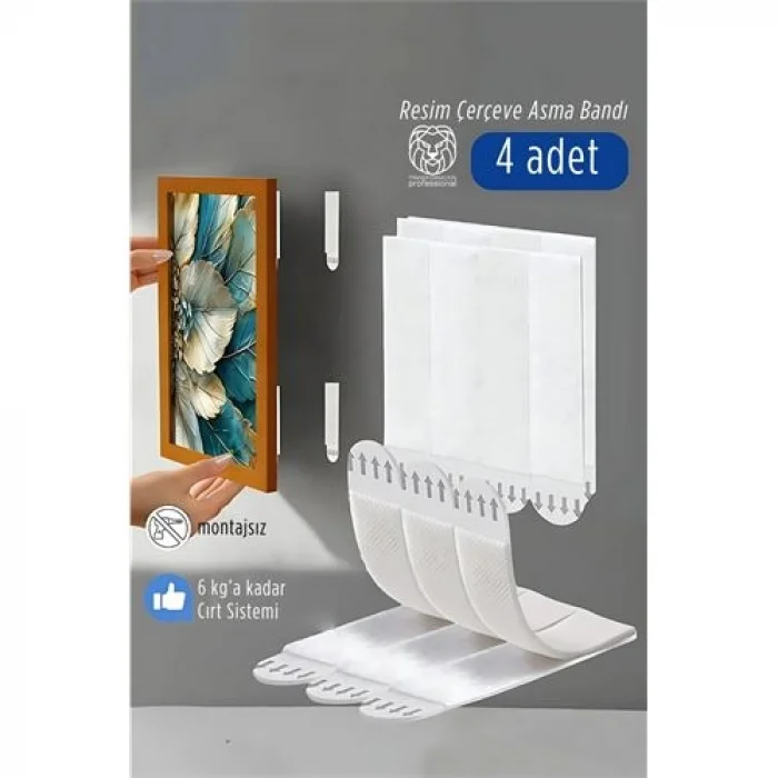 Güçlü Resim Çerçeve Asma Bandı 4lü Set - 6Kg Taşıma Kapasiteli Duvar Delmeyen Cırt Sistemi
