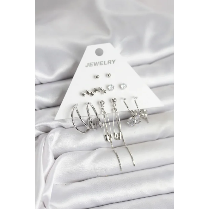 Gümüş Renk 6lı Pirinç Küpe Seti