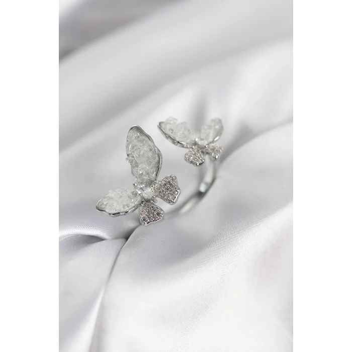 Gümüş Renk Beyaz Kelebek Model Zirkon Taşlı Kadın Yüzük