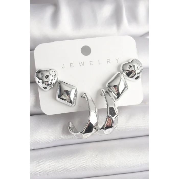 Gümüş Renk Kalp Halka Figür CCB Plastik Kadın Küpe Seti