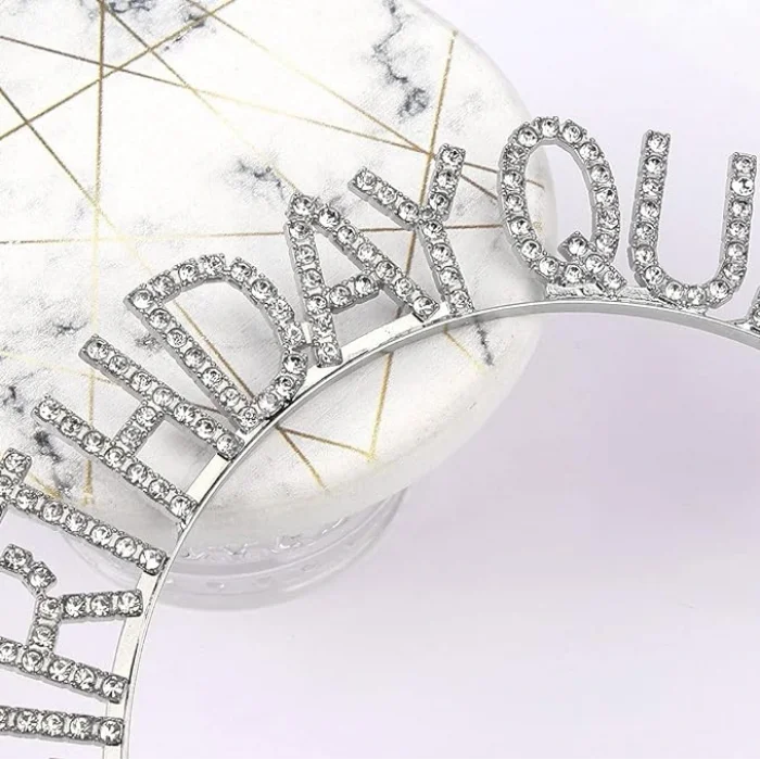 Gümüş Renk Kristal Taşlı Parlak Birthday Queen Yazılı Kraliçe Taç 16x17 cm (5047)