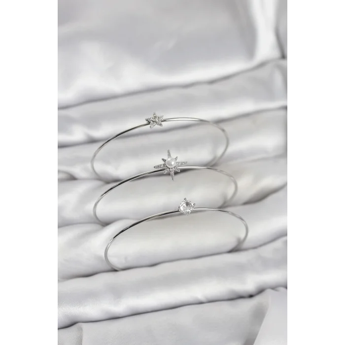 Gümüş Renk Kutup Yıldızı Model Zirkon Taşlı 3lü Kadın Bileklik Kombini