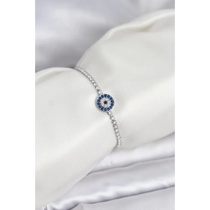 Gümüş Renk Nazar Model Zirkon Taşlı Asansörlü Su Yolu Bileklik