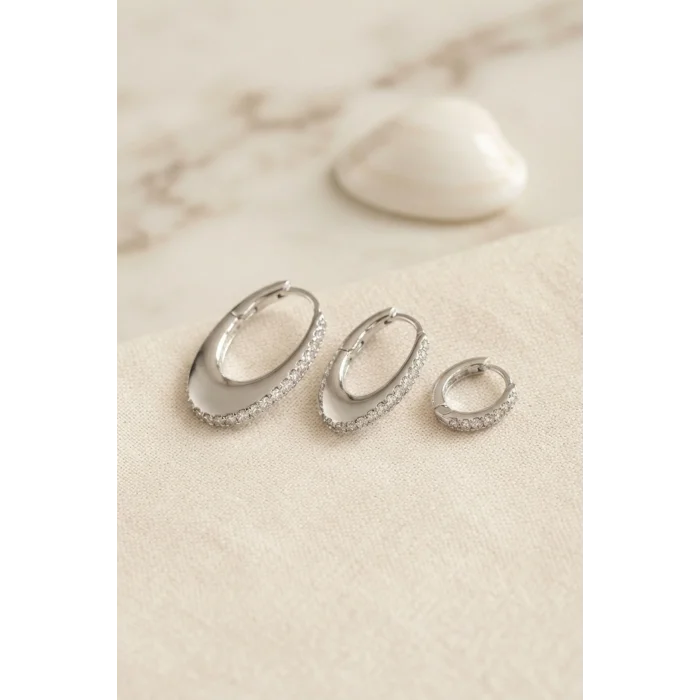 Gümüş Renk Oval Halka Model Zirkon Taşlı 3 lü Küpe Set