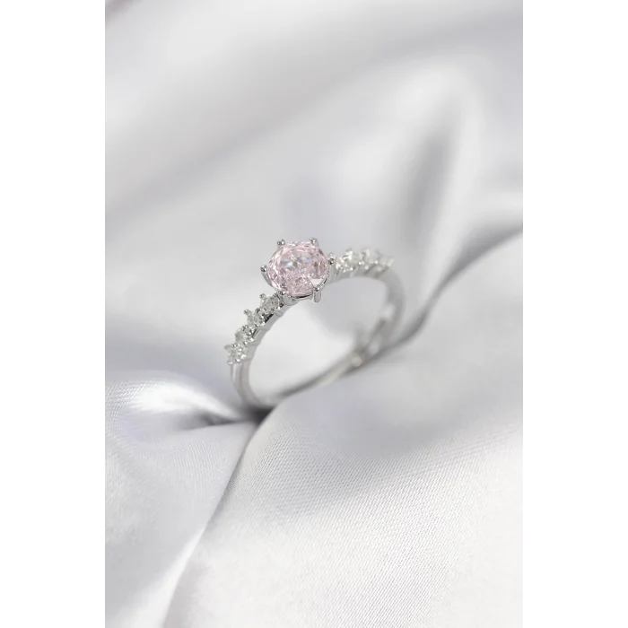 Gümüş Renk Pembe Tek Taş Model Zirkon Taşlı Kadın Yüzük