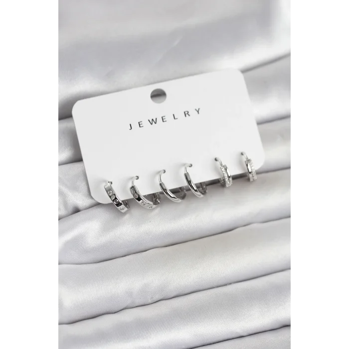 Gümüş Renk Pirinç 3 Çift Kadın Küpe Seti