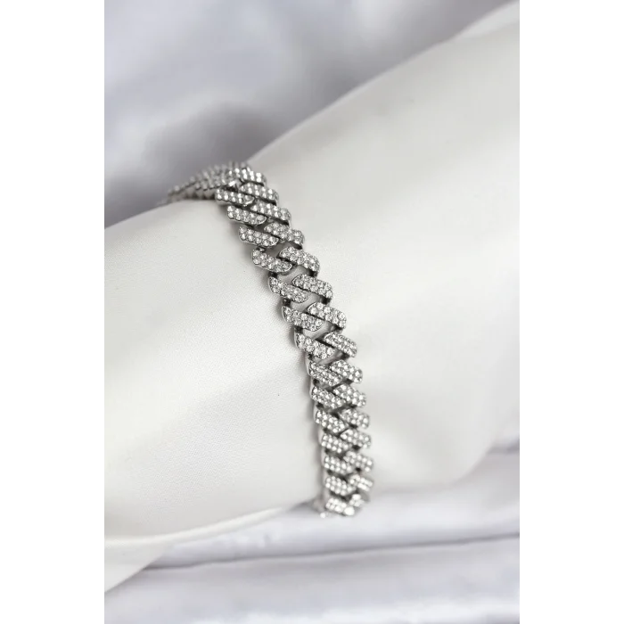Gümüş Renk Pirinç Cuba Chain Gurmet Bileklik