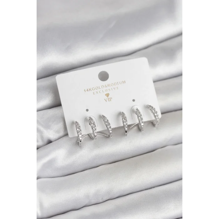 Gümüş Renk Pirinç Zirkon Taşlı Kadın Küpe