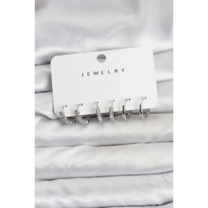 Gümüş Renk Pirinç Zirkon Taşlı Kadın Küpe Seti