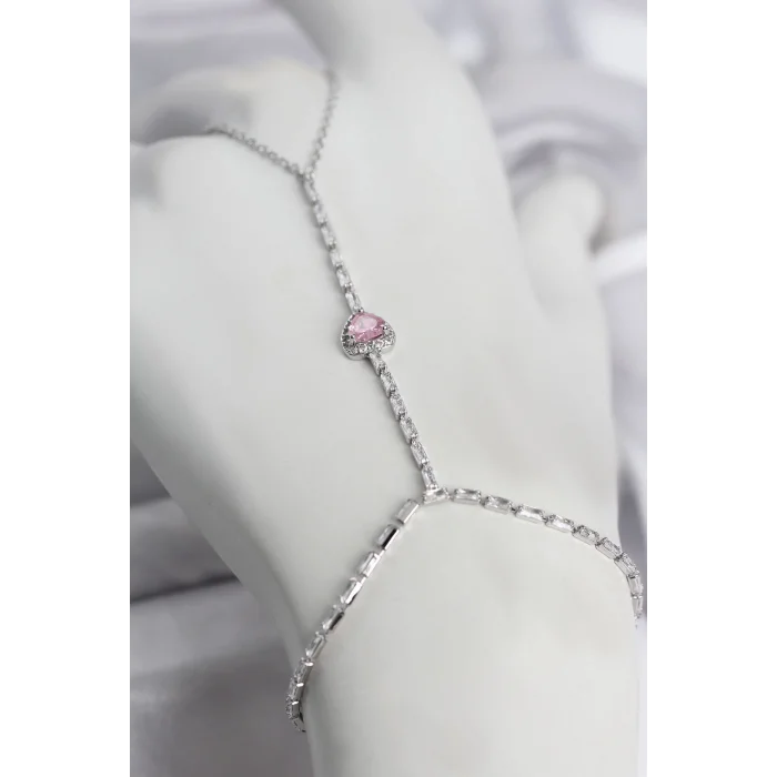 Gümüş Renk Pirinç Zirkon Taşlı Pembe Kalp Model Şahmeran