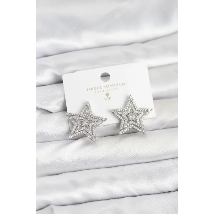 Gümüş Renk Pirinç Zirkon Taşlı Yıldız Model Kadın Küpe