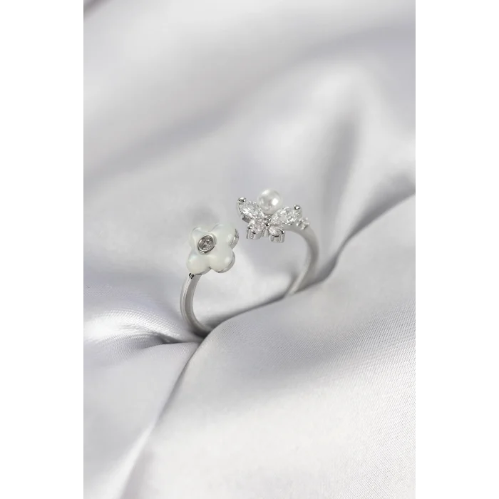 Gümüş Renk Sedefli Çiçek Model Kadın Yüzük