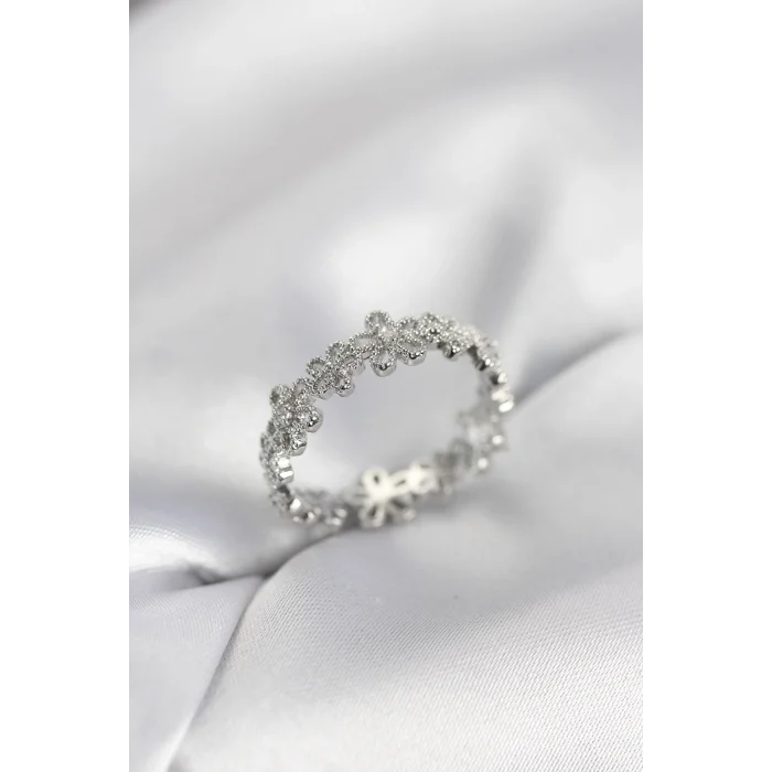 Gümüş Renk Sıralı Çiçek Model Zirkon Taşlı Kadın Yüzük