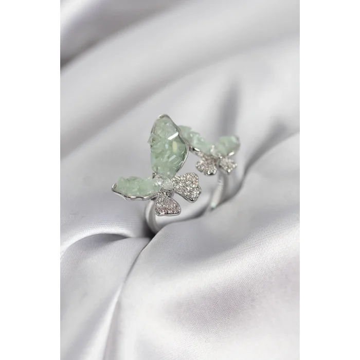 Gümüş Renk Su Yeşili Kelebek Model Zirkon Taşlı Kadın Yüzük