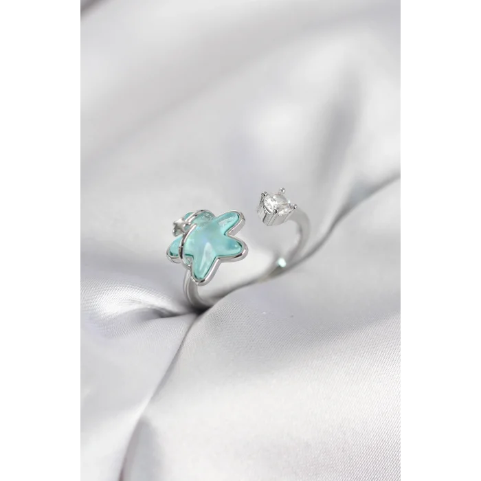 Gümüş Renk Turkuaz Yıldız Model Kadın Yüzük