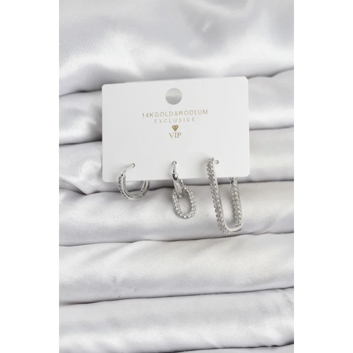 Gümüş Renk Zirkon Taşlı 3lü Kadın Küpe Seti