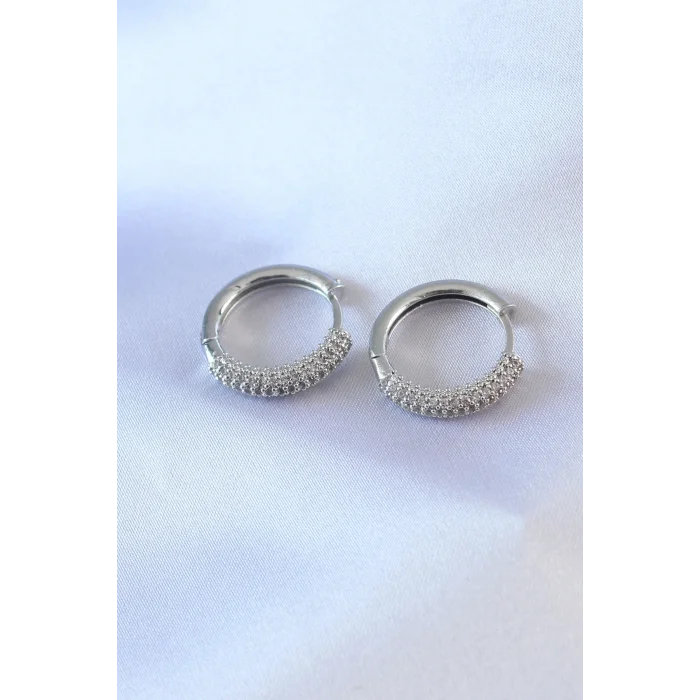 Gümüş Renk Zirkon Taşlı Halka Model Pirinç Kadın Küpe