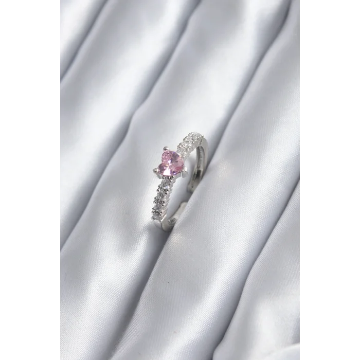 Gümüş Renk Zirkon Taşlı Pembe Kristal Kalp Model Kadın Yüzük