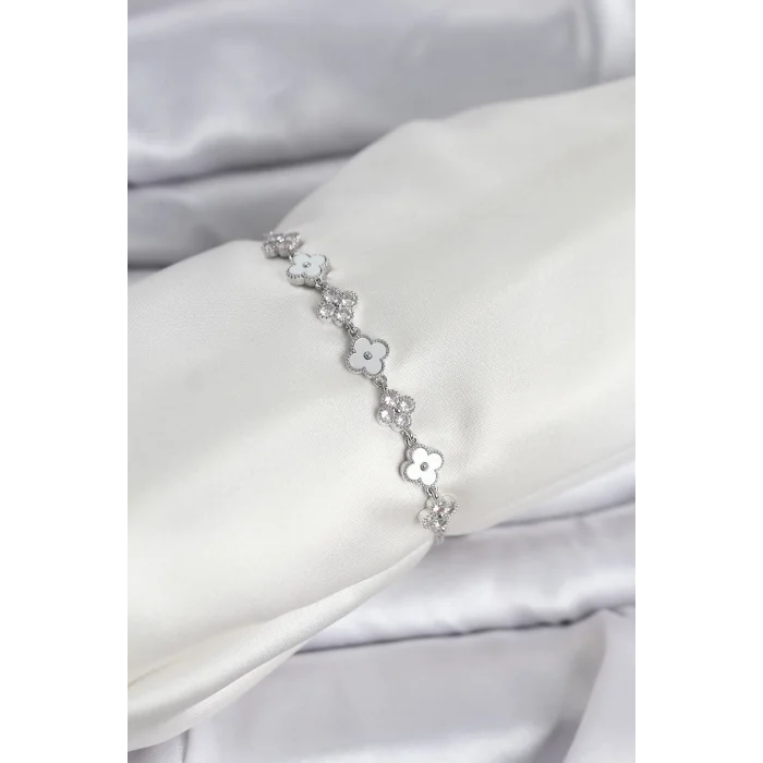 Gümüş Renk Zirkon Taşlı Sıralı Yonca Model Asansörlü Kadın Bileklik