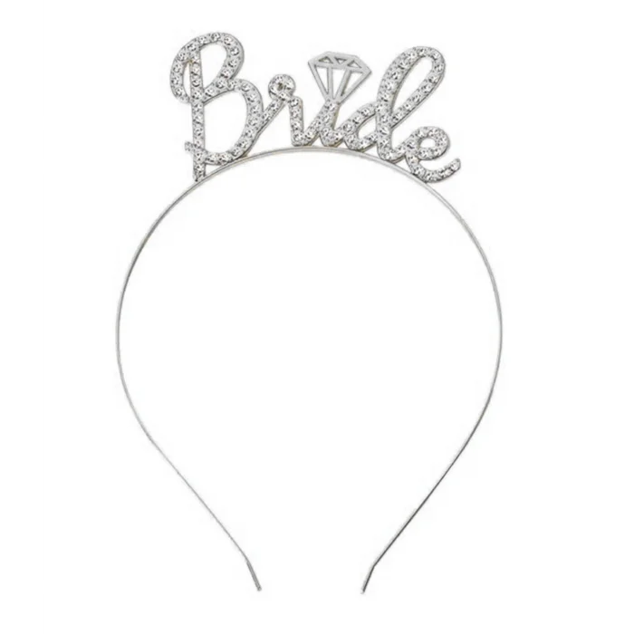 Gümüş Renkli Taşlı “Bride” Gelin Tacı – El Yazısı Yazı Tipiyle