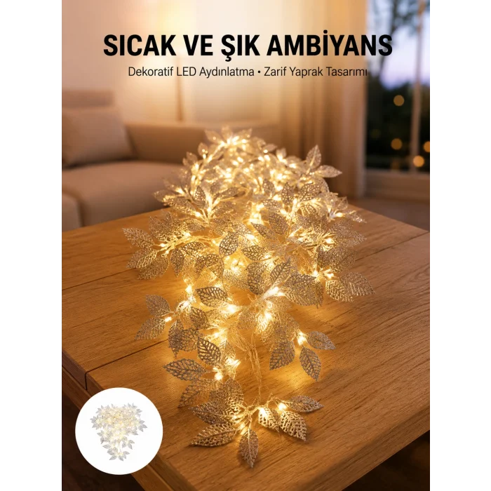 Gümüş Yaprak Tasarımlı LED Işık Pilli Ev ve Vitrin Dekoru