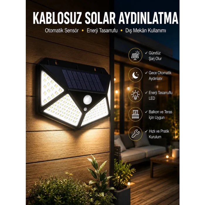 Güneş Enerjili Bahçe Aydınlatma Lambası Solar 100 Led Lamba