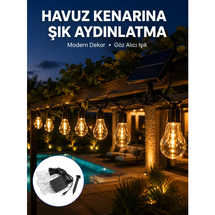 Güneş Enerjili Dış Mekan LED Ampul Işık Zinciri Bahçe ve Teras Dekorasyonu