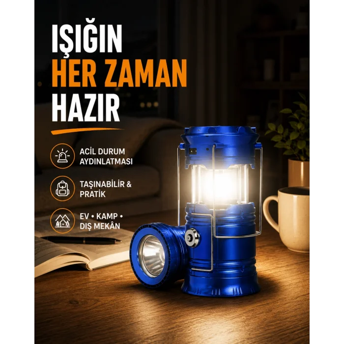 Güneş Enerjili Katlanabilir Kızaklı Kamp Feneri – USB Şarjlı, Çok Yönlü ve Dayanıklı Tasarım