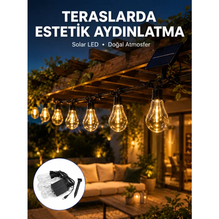 Güneş Enerjili LED Ampul Zincir Işık Sıcak Beyaz Dekoratif Bahçe Aydınlatması