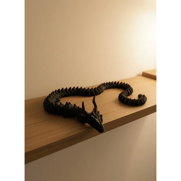 Hareketli Siyah Ejderha Figür Uzun Gövdeli Fantastik Masa ve Raf Dekoru