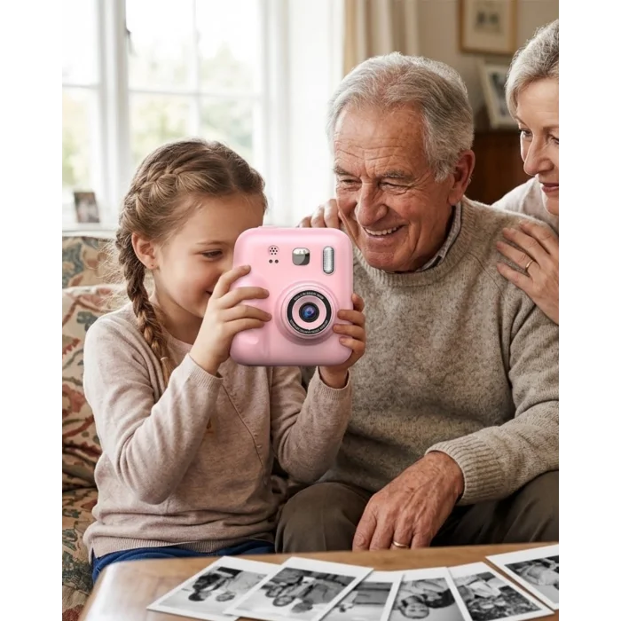 HD Ekranlı Çocuk Fotoğraf Makinesi Video Kayıt ve Baskı Kağıdı Kalem Hediyeli