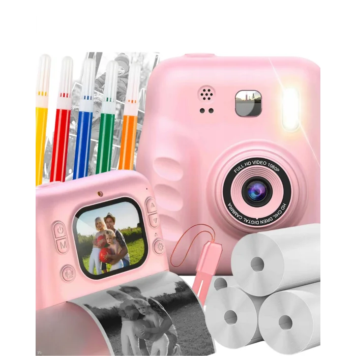 HD Ekranlı Çocuk Fotoğraf Makinesi Video Kayıt ve Baskı Kağıdı Kalem Hediyeli