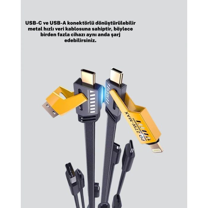 Hızlı Şarj Destekli 65W Örgülü USB-C ve USB-A Çoklu Şarj Kablosu