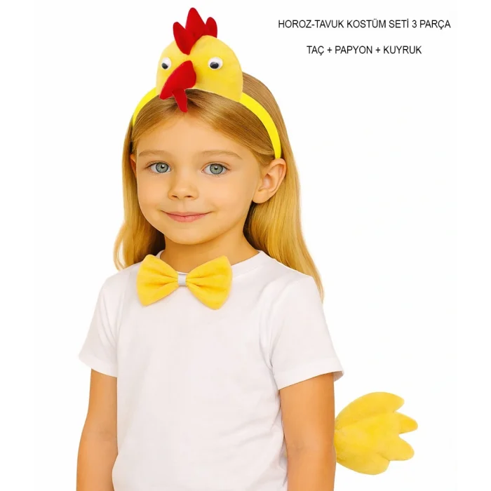 Horoz – Tavuk Kostüm Aksesuar Seti - Taç Papyon Kuyruk (5047)
