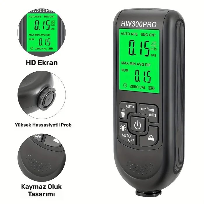 HW300PRO Oto Boya Kalınlık Ölçer Fe NFe 2000µm + 2 Fonksiyonlu Bardak Tutucu Hediyeli