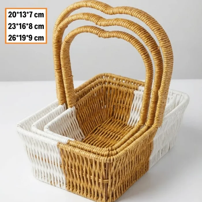 İç İçe Geçebilen 3’lü Çift Renkli Dikdörtgen Formlu Kalp Saplı Plastik Rattan Sepet Seti – Hasır Görünümlü Çok Amaçlı Organizerler (5047)