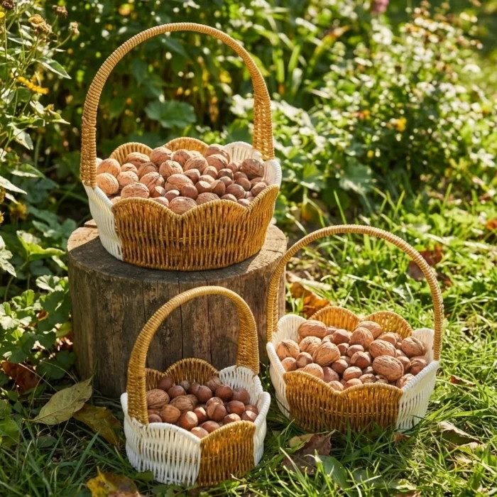 İç İçe Geçebilen 3’lü Çift Renkli Yuvarlak Dalgalı Formlu Saplı Plastik Rattan Sepet Seti – Hasır Görünümlü Çok Amaçlı Organizerler (5047)