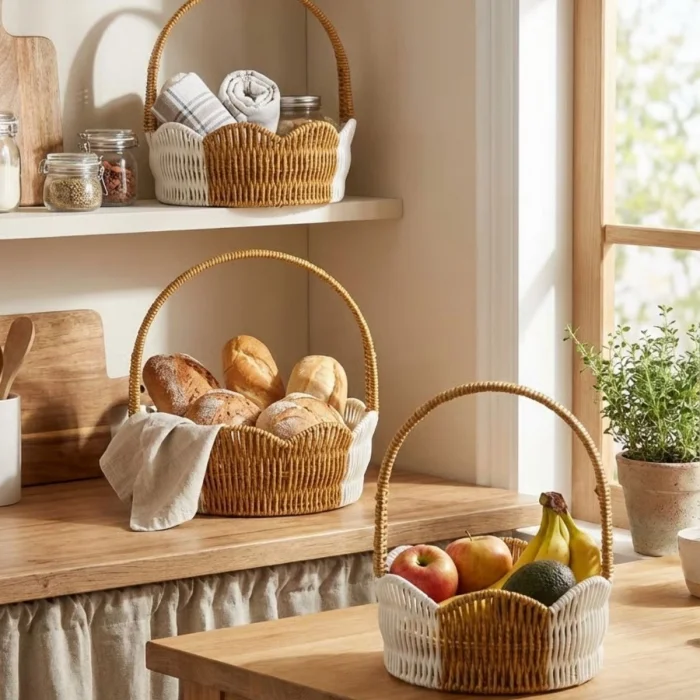 İç İçe Geçebilen 3’lü Çift Renkli Yuvarlak Dalgalı Formlu Saplı Plastik Rattan Sepet Seti – Hasır Görünümlü Çok Amaçlı Organizerler (5047)