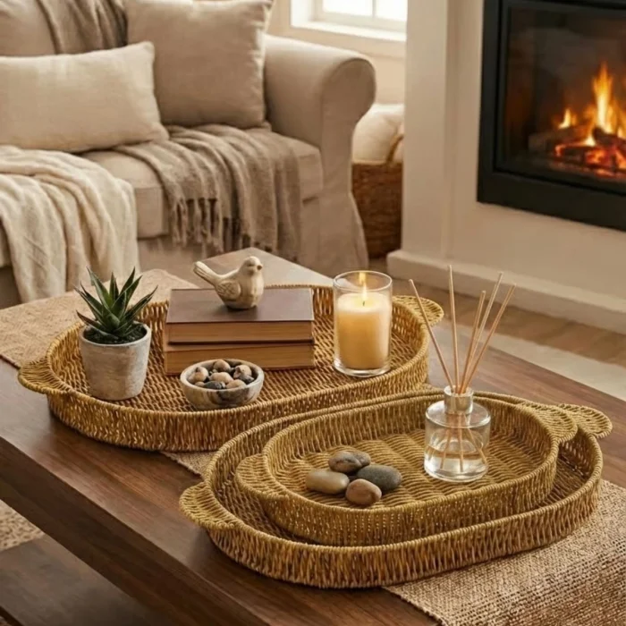 İç İçe Geçebilen 3’lü Oval Plastik Rattan Tepsi Seti–Hasır Görünümlü Çok Amaçlı Servis ve Sunum Tepsileri (5047)