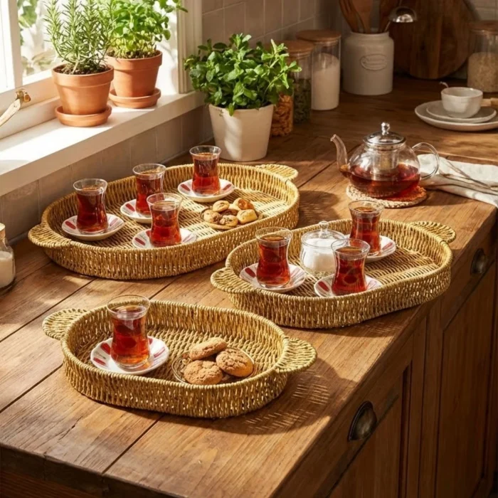 İç İçe Geçebilen 3’lü Oval Plastik Rattan Tepsi Seti–Hasır Görünümlü Çok Amaçlı Servis ve Sunum Tepsileri (5047)