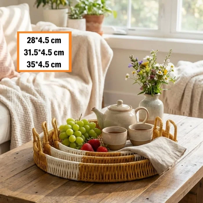 İç İçe Geçebilen 3’lü Yuvarlak Plastik Rattan Tepsi Seti–Çift Renkli Hasır Görünümlü Çok Amaçlı Servis ve Sunum Tepsileri (5047)