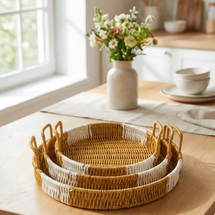 İç İçe Geçebilen 3’lü Yuvarlak Plastik Rattan Tepsi Seti–Çift Renkli Hasır Görünümlü Çok Amaçlı Servis ve Sunum Tepsileri (5047)