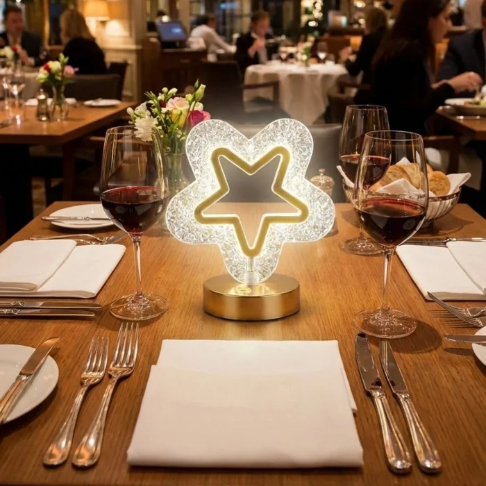 İçi Boş Yıldız Şeklinde Kristal LED Masa Lambası – Dokunmatik, 3 Renk Işık Modlu, Şarjlı Mini Dekoratif Gece Lambası (5047)