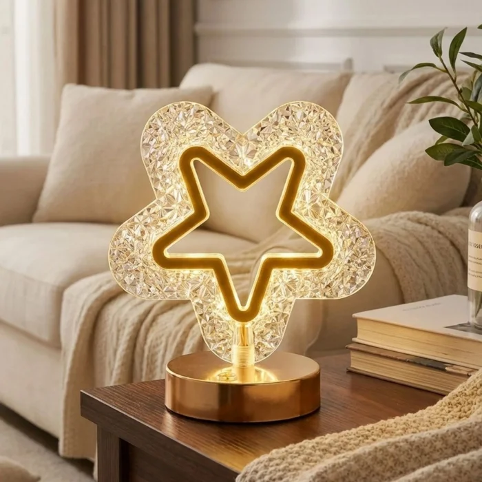 İçi Boş Yıldız Şeklinde Kristal LED Masa Lambası – Dokunmatik, 3 Renk Işık Modlu, Şarjlı Mini Dekoratif Gece Lambası (5047)