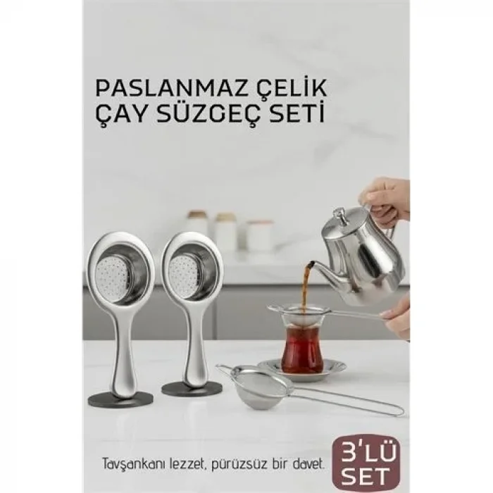 Çay Süzgeci Seti - 3 Parça Profesyonel Ve Kulplu Demlik Filtresi Paslanmaz Çelik 718934