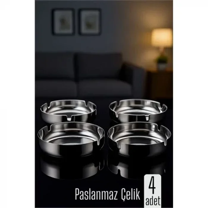 Paslanmaz Yuvarlak Küllük - Metal Kül Tablası - Masaüstü Küllük 4 Lü 722217
