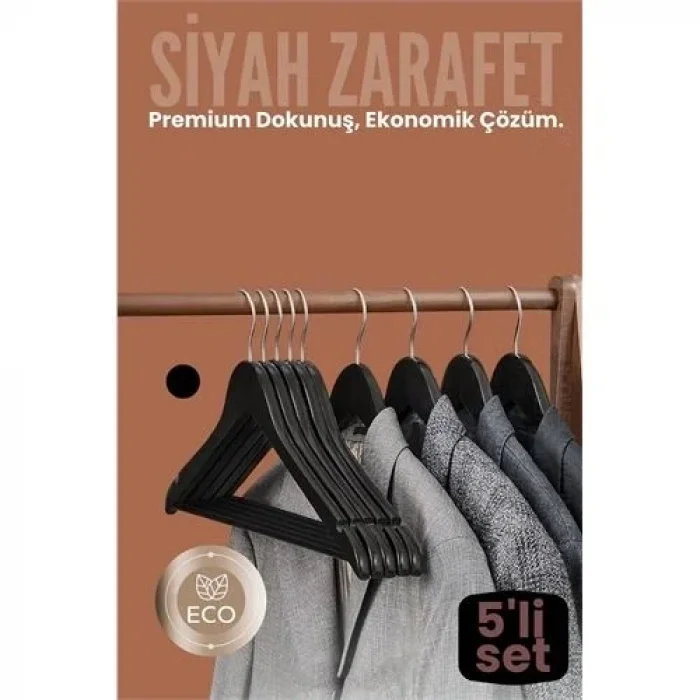 5li Lüks Siyah Elbise Ceket Askısı - Ergonomik & Kaymaz Plastik Askı Seti -  Ahşap Görünümlü 722532