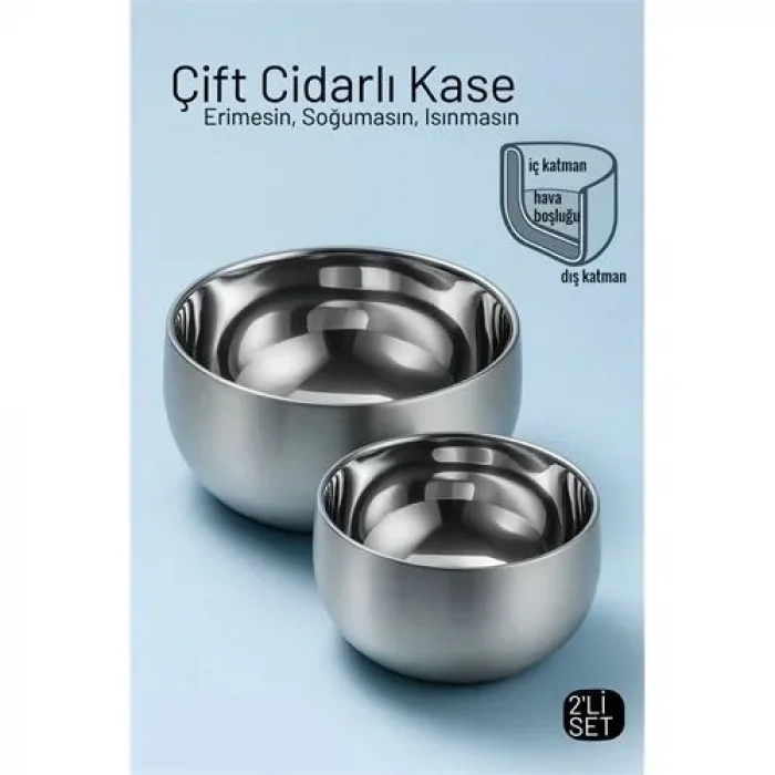Çift Cidarlı Isı Yalıtımlı 2’li Lüks Kase Seti (16cm & 18cm) Premium 304 Paslanmaz Çelik